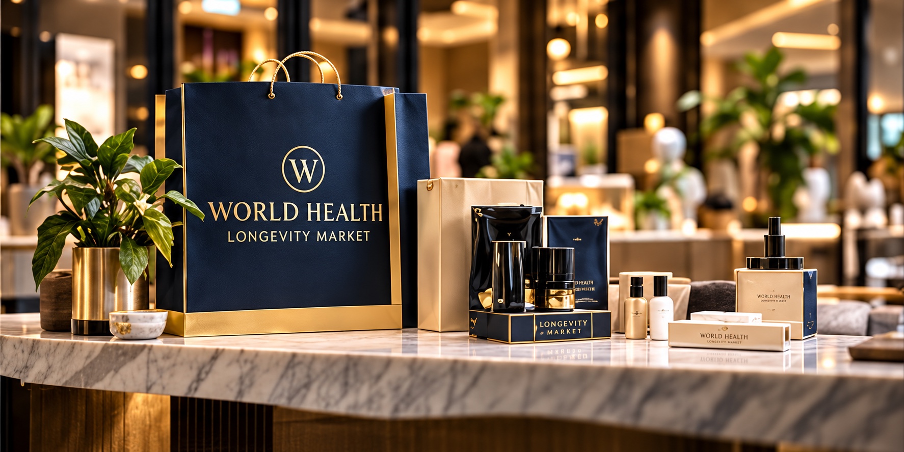 World Health Longevity Market shopping bag and products on a boutique counter