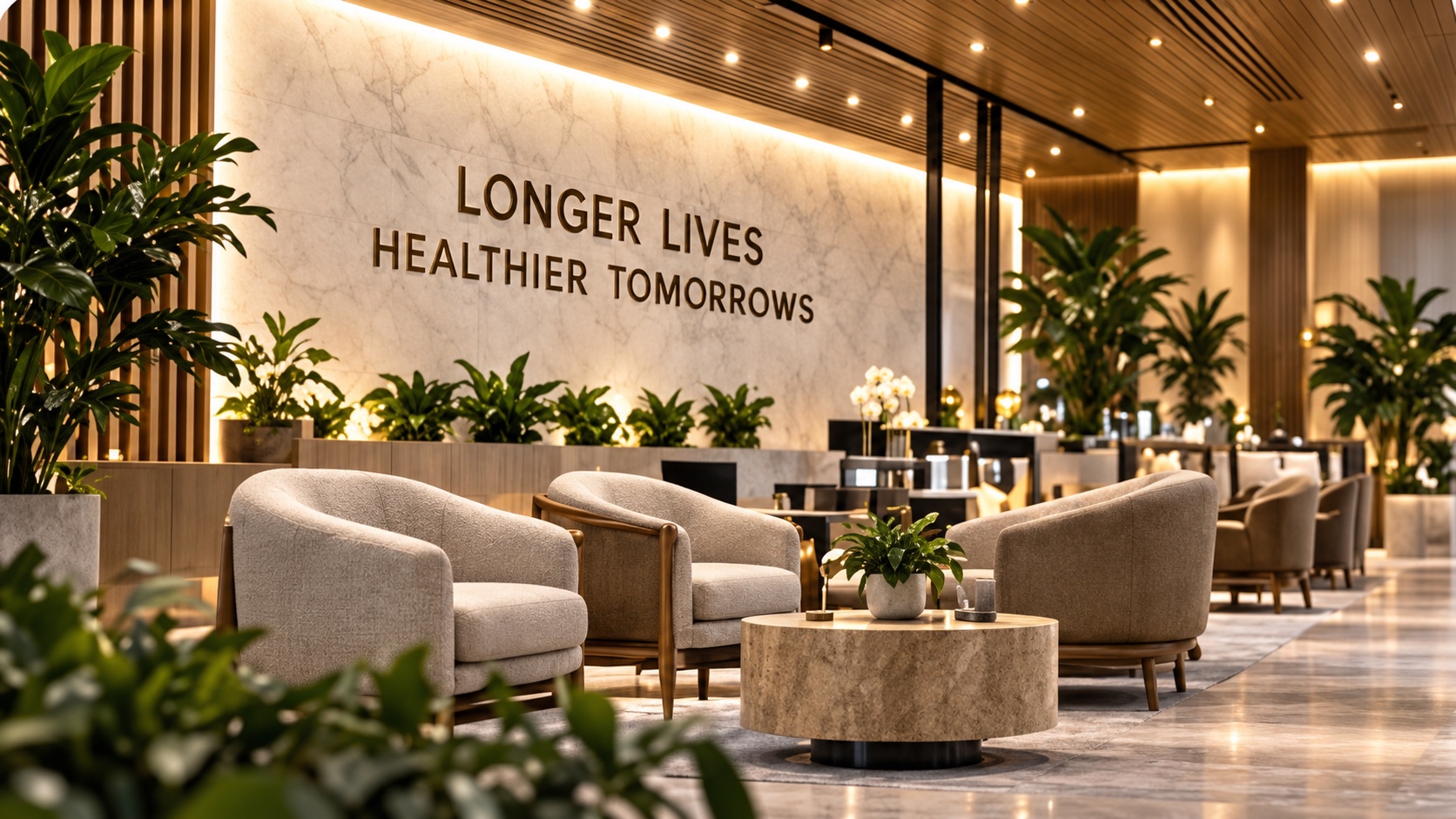 A NEO center lounge with the words Longer Lives, Healthier Tomorrows