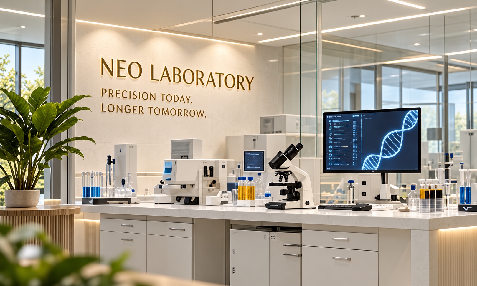 The NEO laboratory with analyzers, microscopes and a genomics display