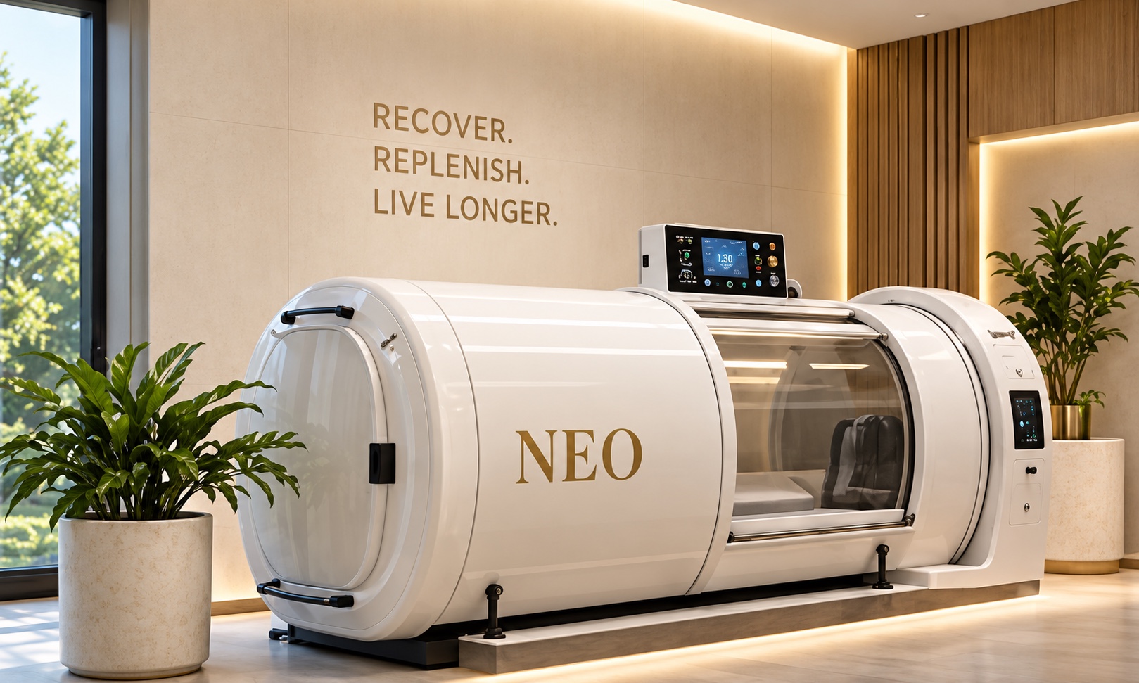 A NEO hyperbaric oxygen chamber in a bright recovery room
