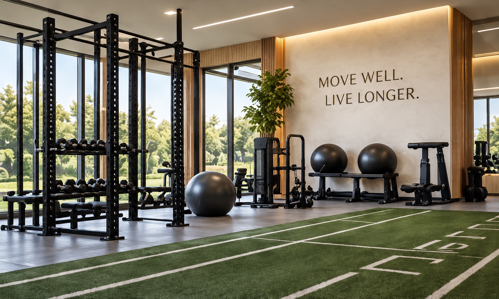 The NEO training floor with racks, kettlebells and turf