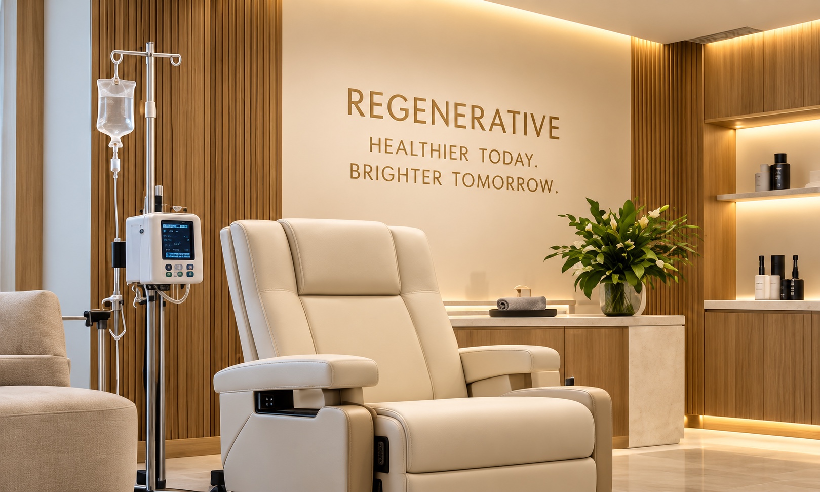 The NEO regenerative suite with a treatment recliner and infusion stand