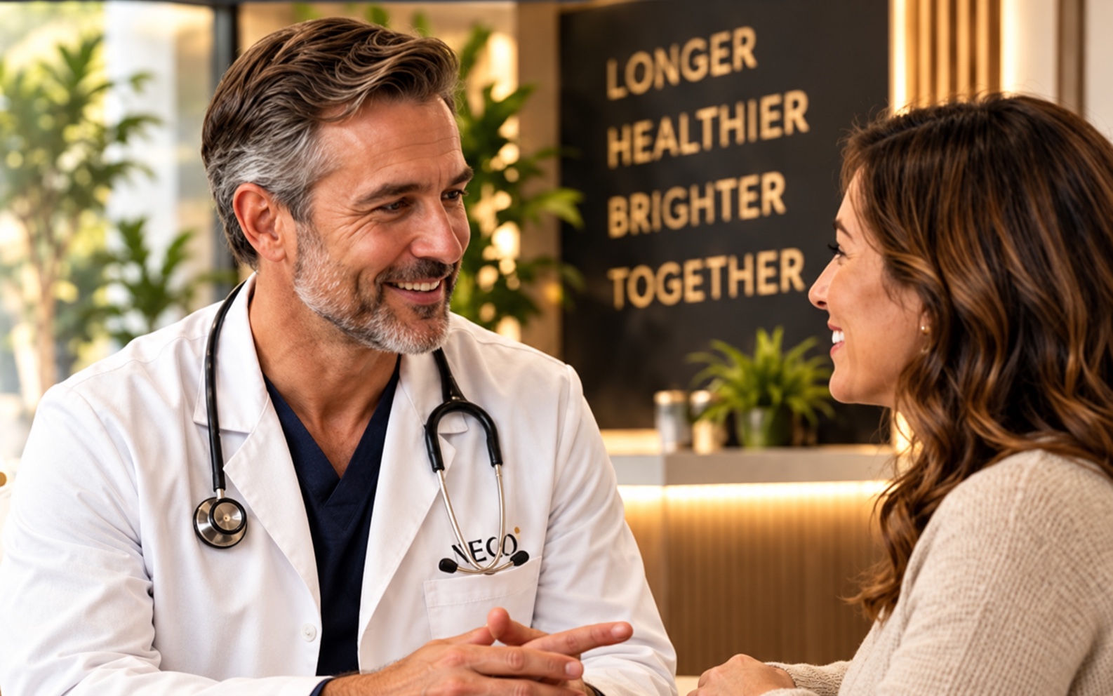 A smiling NEO partner physician speaking with a patient