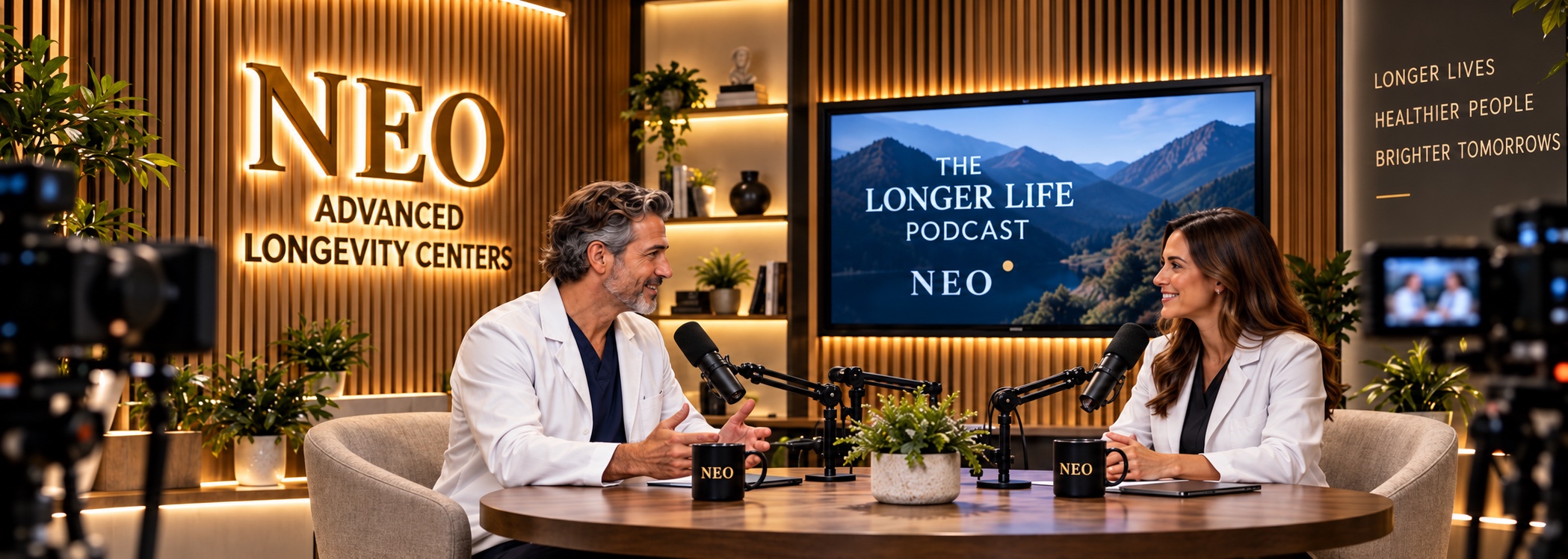 Two NEO physicians recording The Longer Life Podcast in the NEO media studio