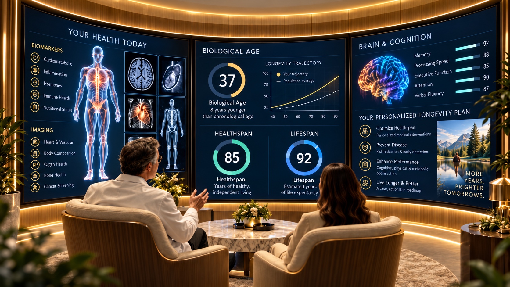 A NEO physician and patient review biomarkers, biological age and a longevity plan on the curved walls of the NEO Reveal Room
