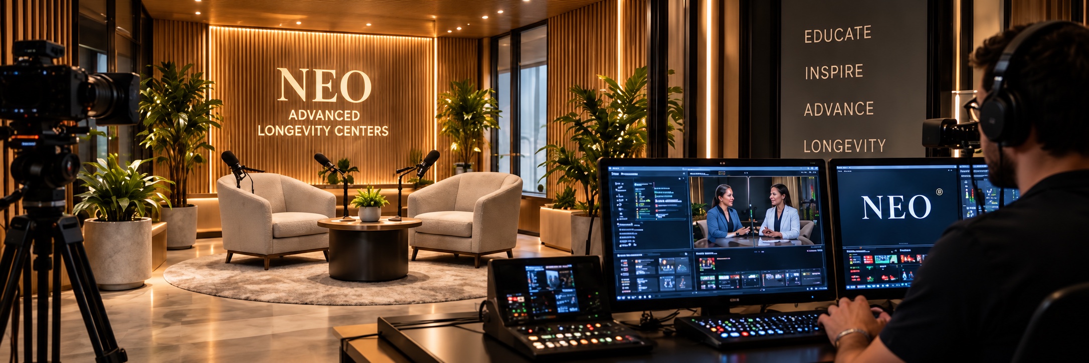 The NEO media studio control room and interview set